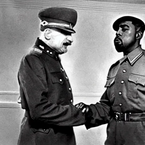 Image similar to an old world war 2 photograph of stalin shaking hands with kanye west