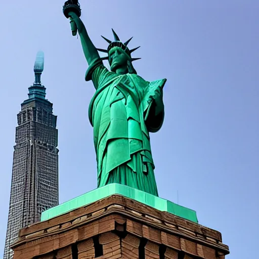 Prompt: photo of the statue of liberty as a taiwanese asian in taipei, copper cladding