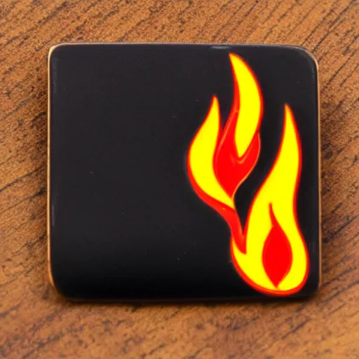 Prompt: a square enamel pin depicting a minimalistic clean illustration fire flames warning label, smooth curves