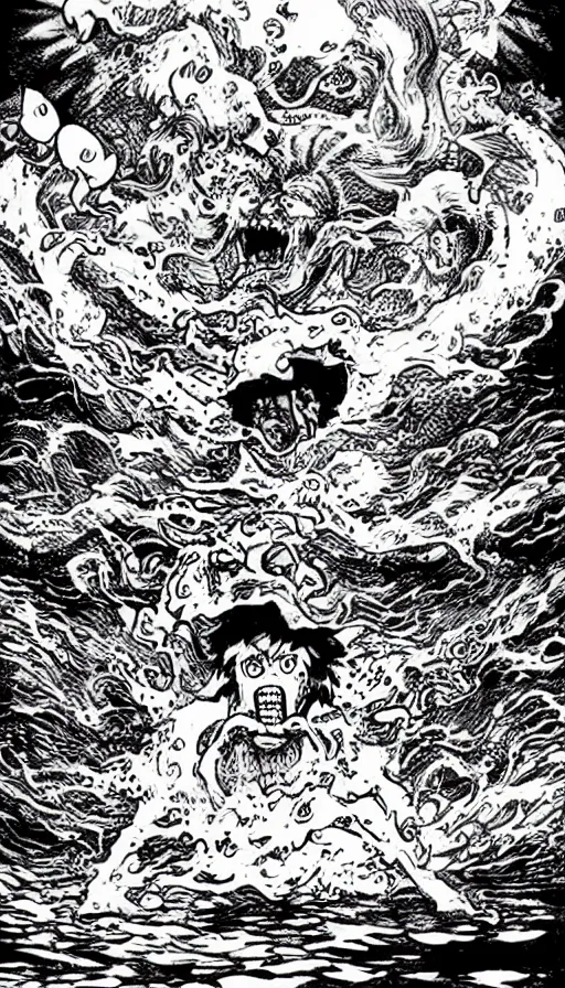 Image similar to man on boat crossing a body of water in hell with creatures in the water, sea of souls, by eiichiro oda