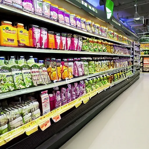 Prompt: A interior view of a grocery store in the future, nanotech is ubiquitous