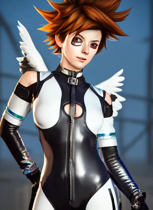 Image similar to portrait bust digital artwork of tracer overwatch, wearing white iridescent rainbow latex and leather straps catsuit outfit, 4 k, expressive happy smug expression, makeup, in style of mark arian, angel wings, wearing detailed black leather collar, chains, black leather harness, detailed face and eyes,