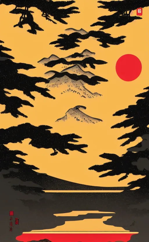 Image similar to hanafuda, an aperture to a lake in a forest of japanese pines, a big red sun in the background, front game card, vector line art, trending on behance, concept art, stunning, matte