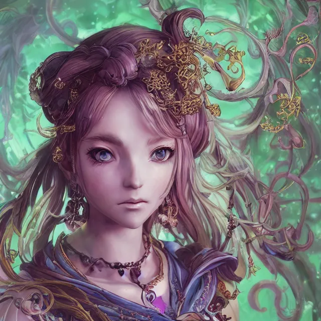 Image similar to the portrait of chaotic good female druid alchemist as absurdly beautiful, gorgeous, elegant, young anime girl, an ultrafine hyperdetailed illustration by kim jung gi, irakli nadar, intricate linework, sharp focus, bright colors, octopath traveler, final fantasy, unreal engine 5 highly rendered, global illumination, radiant light, detailed and intricate environment