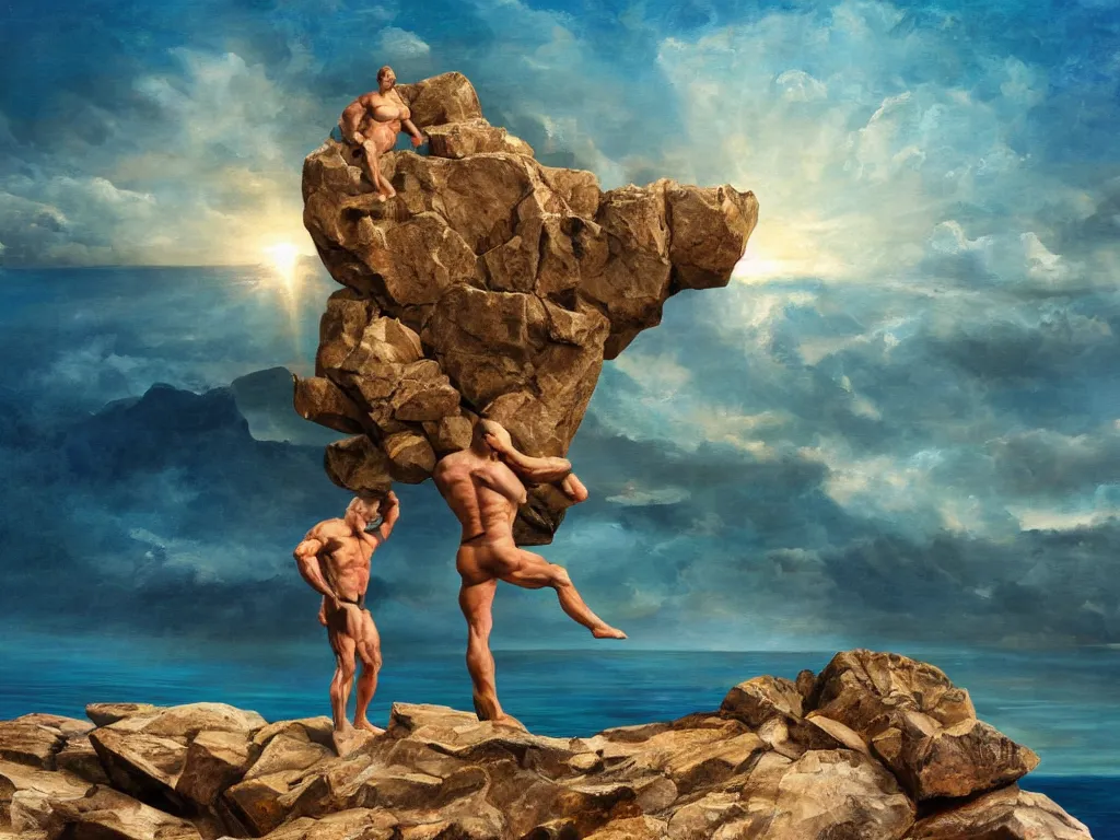 Image similar to rock cliff mountain with attached strong arms standing on muscly legs in speedos in the middle of the ocean, religious portrait lighting, oil painting 3d rendering