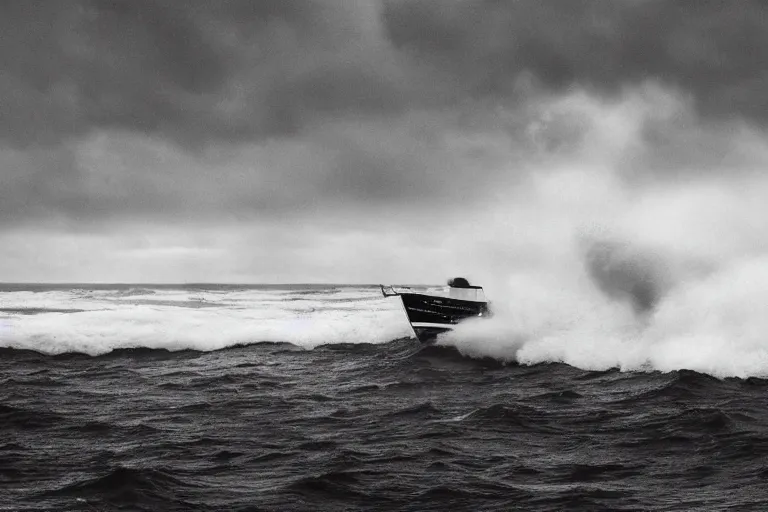 Image similar to a black and white photo of a tiny fishing boat overwhelmed by huge waves, broiling seas, an album cover by hallsteinn sigurðsson, trending on behance, optical illusion, chillwave, concert poster, poster art, geometric