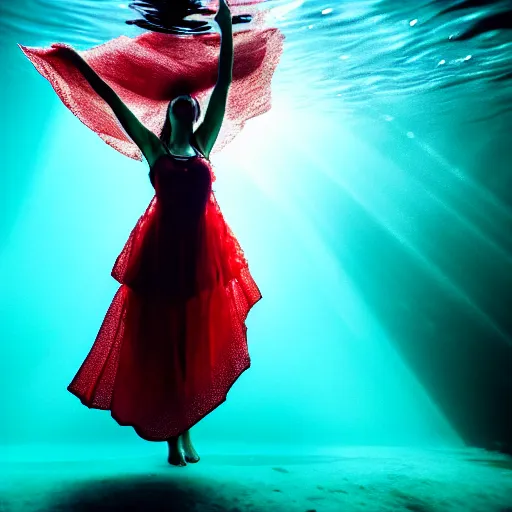 Image similar to woman dancing underwater wearing a dress made of seaweed that is flowing in the current, lighting with caustics from sunlight, cinematic, photorealistic