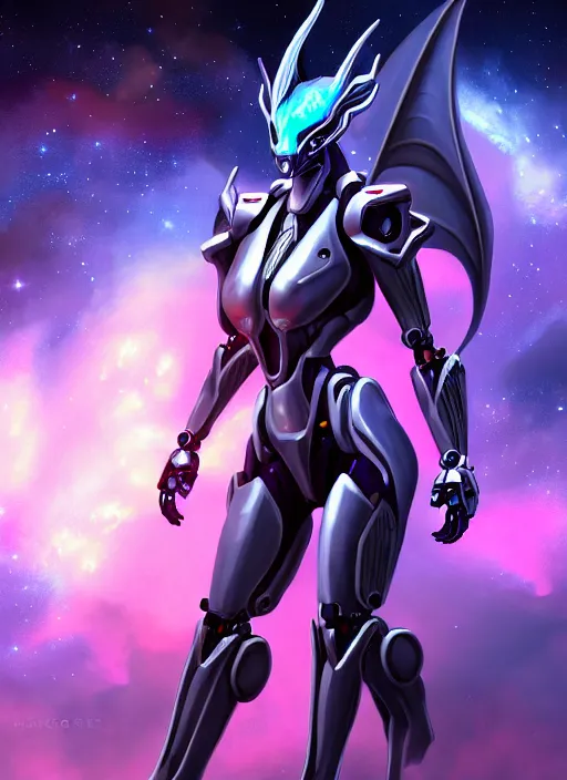 Image similar to cinematic goddess shot, cosmic sized perfectly proportioned stunning beautiful hot anthropomorphic robot mecha female dragon, in space, nebula background, larger than galaxies, holding galaxy, sharp claws, sleek silver armor, epic proportions, epic size, epic scale, digital art, furry art, macro art, dragon art, giantess art, warframe fanart, furaffinity, deviantart