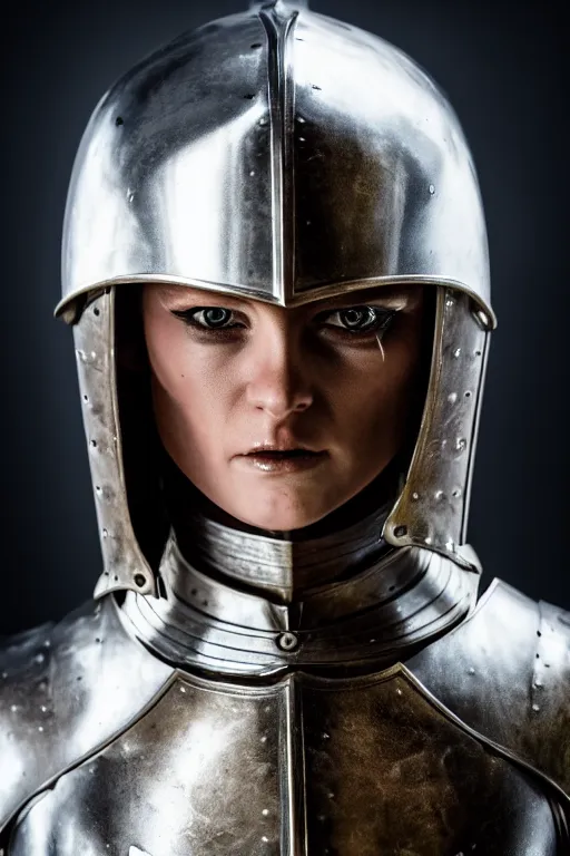 Image similar to medieval female knight, blonde hairs, no helmet, symmetrical, cinematic, elegant, demonic atmosphere, professional studio light, real dlsr photography, sharp focus, armor made by hans giger, 4 k, ultra hd, sense of awe