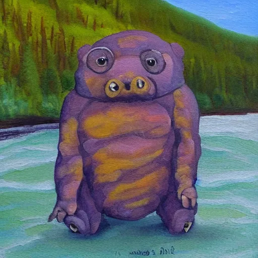 Prompt: portrait of tardigrade at Brooks Falls in Alaska, landscape painting by Moran and George Caitlin