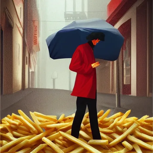 Image similar to a man with umbrella hiding of french fries rain, digital art, illustration, hyper realistic