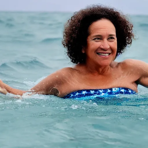 Image similar to an athletic woman in her fifties with curly brown hair, swimming smiling in the middle of a rough sea surrounded by sharks. above her, in the sky, a star.
