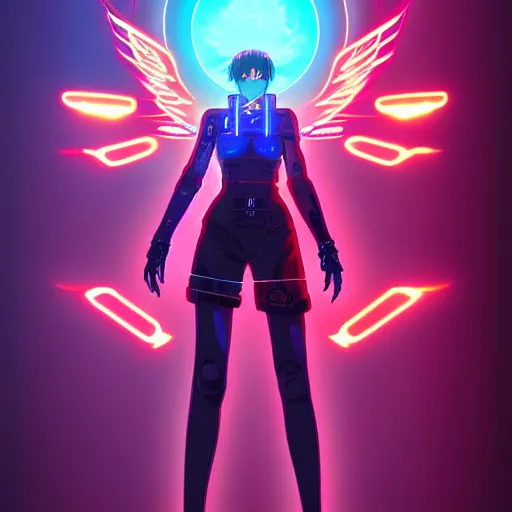 Prompt: digital cyberpunk anime fullbody!! character concept art gorgeous anime girl symmetrical face, small female android cyborg - angel glowing red left eye and glowing blue right eye, wlop, rossdraws, sakimimichan, ilya kuvshinov, krenz cushart, greg rutkowski.