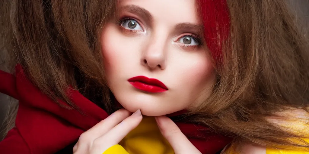 Image similar to a close up photo of a beautiful young woman with accents of yellow and red. Moody and melanchony