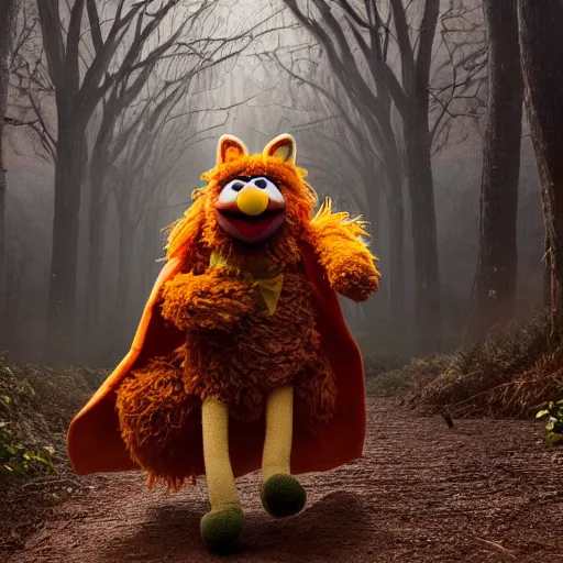 Image similar to a large fox muppet wearing a hooded cloak herding a bunch of random muppet animals following behind through a dark forest, sesame street, photograph, photography, ultrarealistic, national geographic