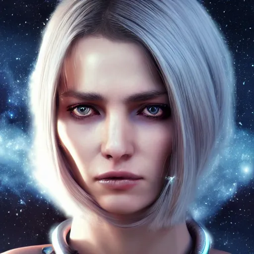 Prompt: centered realistic detailed portrait of beautiful aloof space bounty hunter woman, identical gazing eyes, 4k, cgsociety