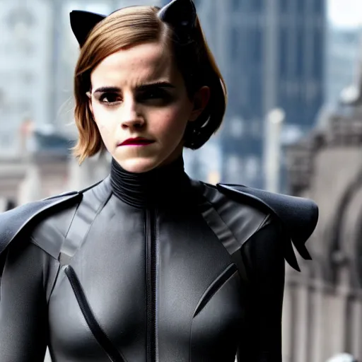 Image similar to Emma Watson as Catwoman, XF IQ4, f/1.4, ISO 200, 1/160s, UHD, Sense of Depth, Depth Layering, AI enhanced, HDR, in-frame