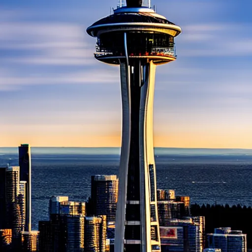 Prompt: Toronto space needle tourist guide with planet mars as a head, dramatic cinematic lighting