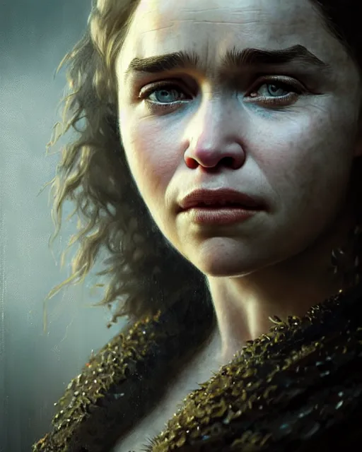 Image similar to emilia clarke, character portrait, portrait, close up, concept art, intricate details, highly detailed by greg rutkowski, michael whelan and gustave dore