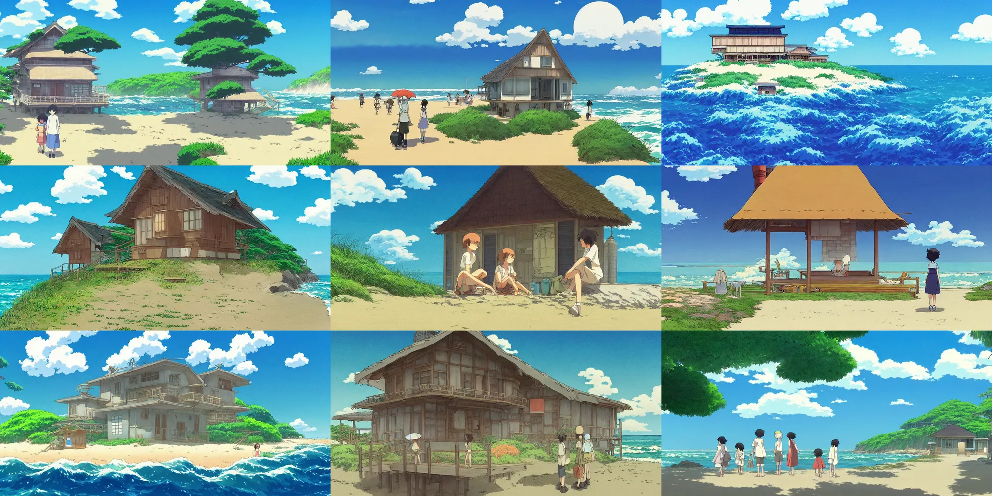 Prompt: atmospheric and nostalgic summer's day storybook painting by studio ghibli of a japanese beach house by the ocean, in the anime film by Makoto Shinkai