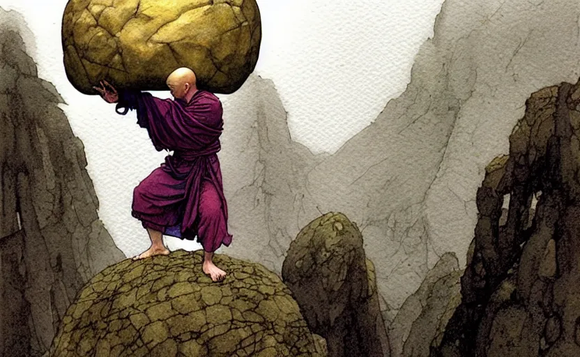 Prompt: a hyperrealist watercolour concept art of a monk levitating a huge rock over his head. it is a misty night on the moors of ireland. by rebecca guay, michael kaluta, charles vess and jean moebius giraud