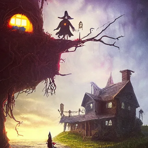 Image similar to a scary witch in front of a witche house made out of candy, floating on the ocean, epic scene, fantasy, cinematic, hyper - detailed, in the style of greg rutkowski