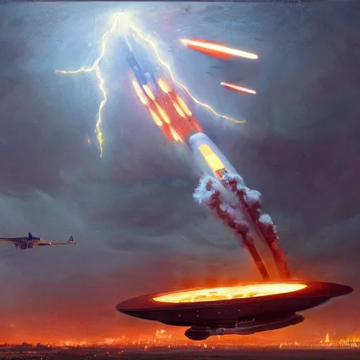 Prompt: a huge spaceship landing, the spaceship is on fire, smoke, rainstorm, lightning, angry, kinetic, john sargent, adolphe bouguereaum, norman rockwell, style by peter deligdisch, concept art by jama jurabaev, trending on artstation, highly detailed oil painting,