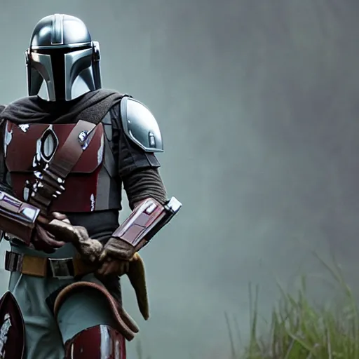 Image similar to mandalorian carrying grogu through swamp, stunning cinematography, light diffusion