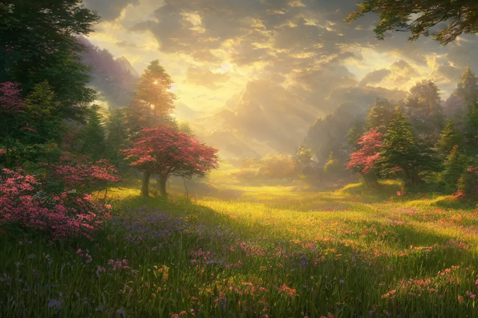 Prompt: rendering of a scene with a meadow full of rosesby makoto shinkai and thomas kinkade, fantasy matte painting, trending on cgsociety and unreal engine, light effect, highly detailed, super wide angle