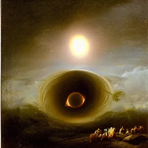 Image similar to by jacob van ruisdael funereal. a beautiful land art of a black hole consuming a star.