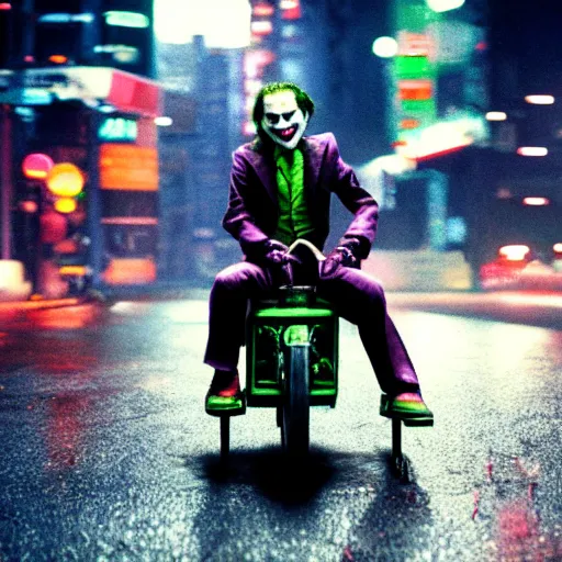 Image similar to the joker from batman riding a tricycle in a neotokyo street, cyberpunk, movie still, 4 k