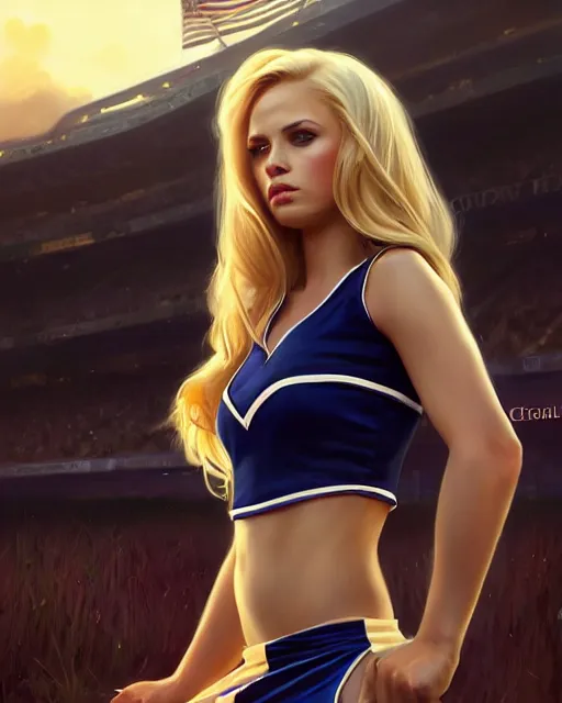 Image similar to epic portrait cinematic shot an cheerleader taunting, stadium backround, shiny skin, flowing blonde hair, fine details. night setting. realistic shaded lighting poster by craig mullism, artgerm, jeremy lipkin and michael garmash, unreal engine, radiant light, detailed and intricate environment, digital art, trending on art station,