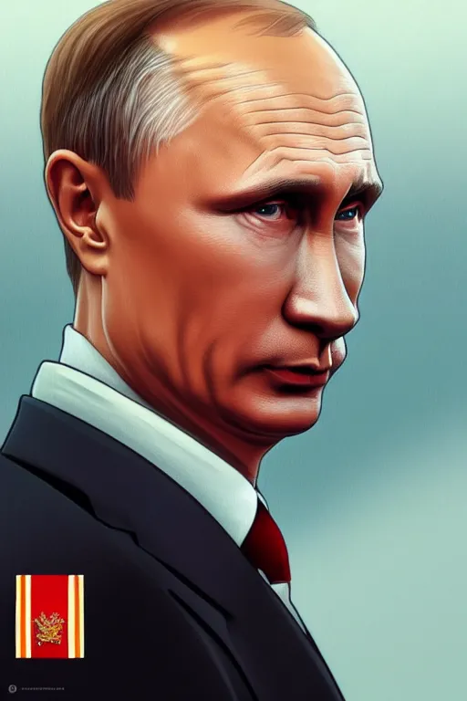 Image similar to vladimir putin as a simpsons character, 2 d portrait, symmetrical, highly detailed, digital painting, artstation, concept art, smooth, sharp focus, illustration, cinematic lighting, art by artgerm and greg rutkowski and alphonse mucha