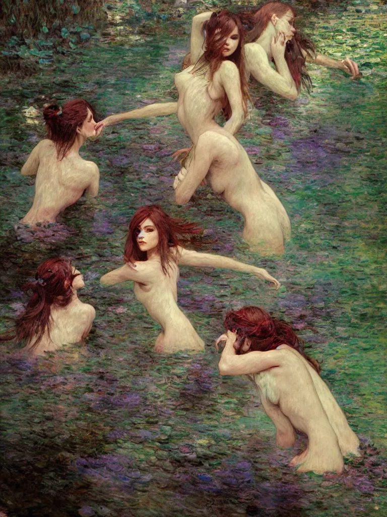 Image similar to illustration studio portrait of three dark beautiful mermaids female energy in artistic poses in the river at the forest, monet painterly motives and textures pattern, hyper detailed, octane render, vivid colors, artstation, by jeremy mann, by alphonse mucha, by monet