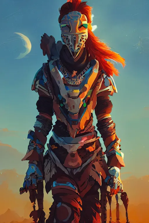 Image similar to combination suit armor aloy horizon forbidden west horizon zero dawn radiating a glowing aura global illumination ray tracing hdr fanart arstation by ian pesty and alena aenami artworks in 4 k tribal robot ninja mask helmet backpack