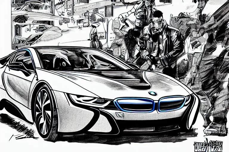 Image similar to bmw i 8, a page from cyberpunk 2 0 2 0, style of paolo parente, style of mike jackson, adam smasher, johnny silverhand, 1 9 9 0 s comic book style, white background, ink drawing, black and white