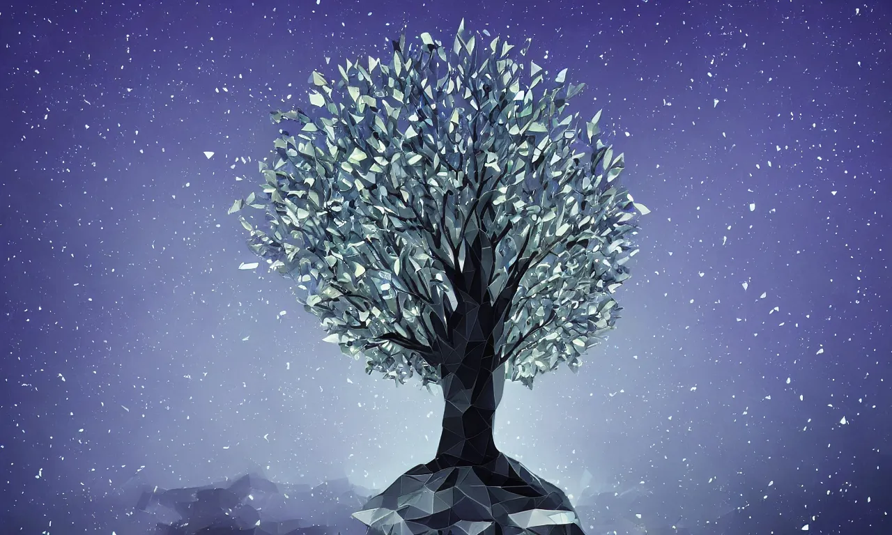 Image similar to a beautiful artwork of a tree with low poly crystal diamond leaves, night sky, translucid, pretty lights, pristine marble trunk, elegant, highly detailed, artstation, concept art, matte, sharp focus, art by artstation, pixiv