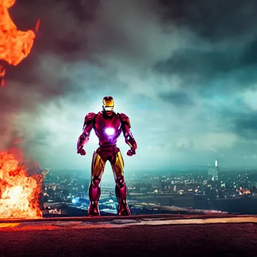 Prompt: < photo hd stunning reimagined mood = gritty gaze = camera > iron man shooting flames from his hands, burning city in the background < / photo >