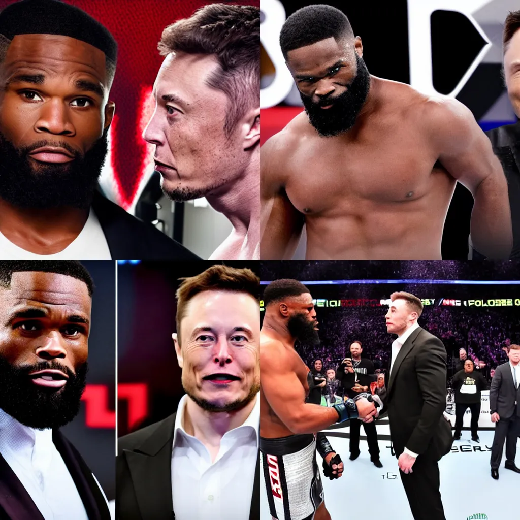 Prompt: Tyron woodley facing off with elon musk for a fight