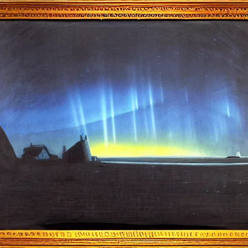 Prompt: the epic abstract painting'blue arctic void with black and red aurora borealis above a tiny inuit village ', by caspar david friedrich!!!, by rothko!!!, stunning masterpiece, trending on artstation