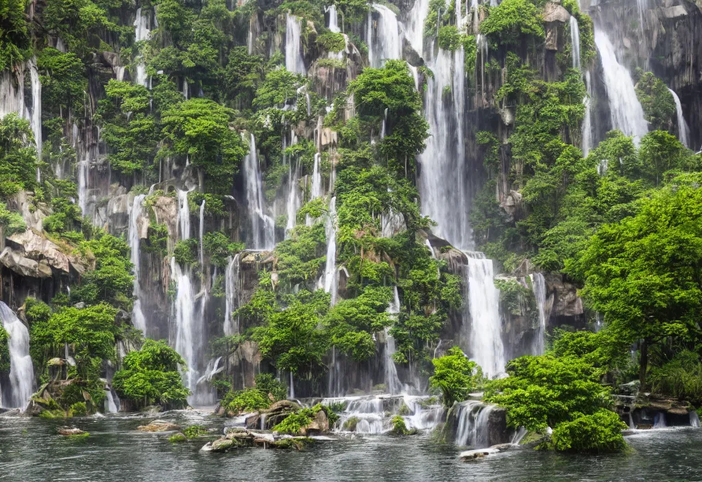 Prompt: outdoor design, 行 云 流 水, a waterfall in the middle of two buildings, high details, 4 k, panorama