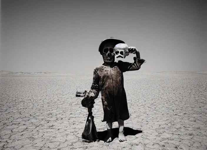 Image similar to child wearing a skull mask, post - apocalyptic desert, holding a sythe, dust and grime, chromogenic medium print