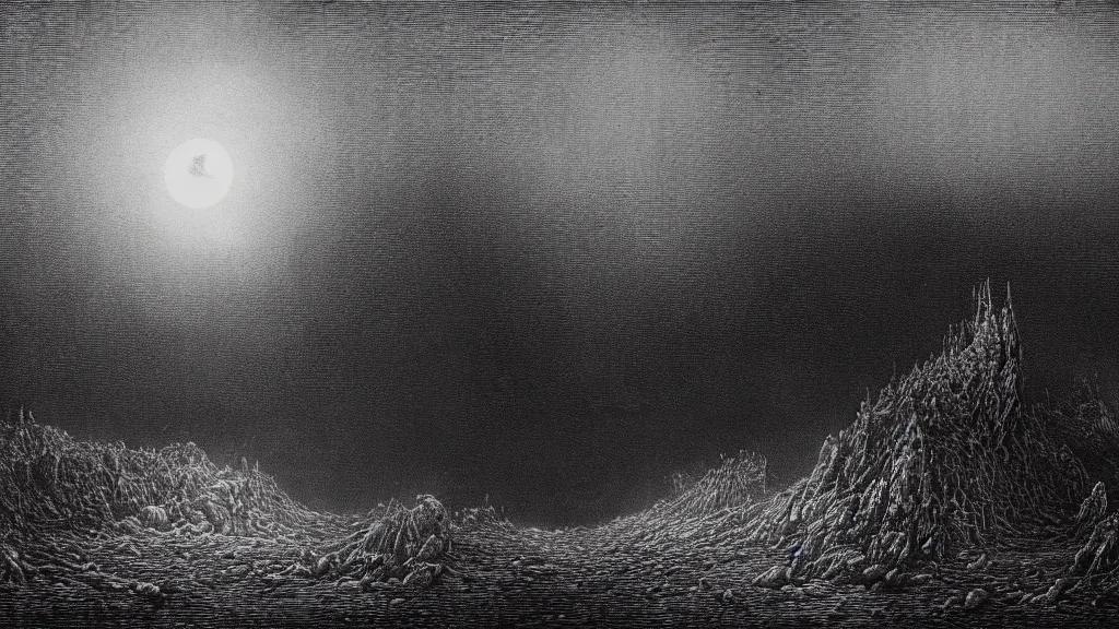 Prompt: the unknown place beyond the sea, ethereal world of dead oceans and burning mountains, under a pale dead moon, pale sands, blues and greys, a lifeless dried husk of a world, folk horror, dramatic dark eerie lighting, horrific surreal nightmare, etching by Gustave Dore, 8k resolution artwork, horror art, eerie, creepy, trending on artstation, painting, elaborate excellent painted illustration, smooth, sharp focus