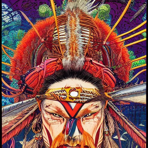 Image similar to portrait of crazy native american, symmetrical, cinematic colors, by yoichi hatakenaka, masamune shirow, josan gonzales and dan mumford, ayami kojima, takato yamamoto, barclay shaw, karol bak, yukito kishiro