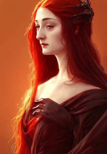 Image similar to portrait of sansa stark dark crimson poison sharp, intricate, elegant, highly detailed, digital painting, artstation, concept art, smooth, sharp focus, illustration, art by artgerm and greg rutkowski and alphonse mucha and william - adolphe bouguereau