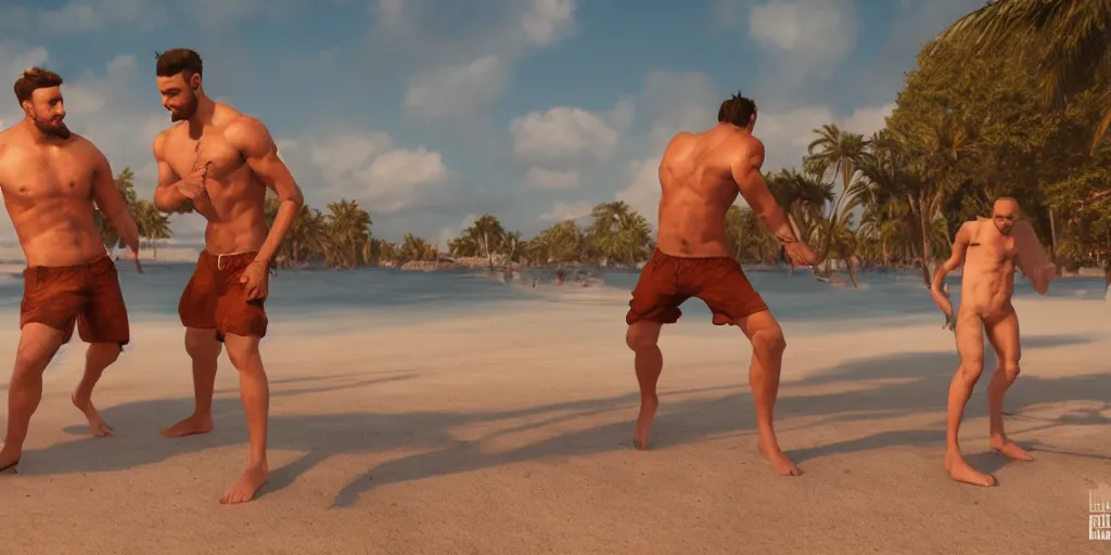 Image similar to 'dos hombres sin camisa llevando shortes bailando en la playa de San Juan, golden hour, photorealistic, extreme detail, octane render, artstation, unreal engine'