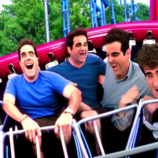 Prompt: ultra realistic detailed 4 k photo of michael scott, jerry seinfeld, ted mosby, phil dunphy, chandler bing, from a roller coaster action camera at an amusement park