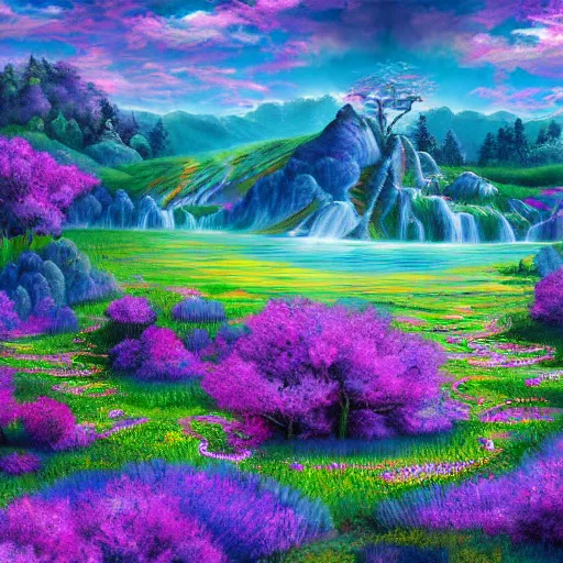 Prompt: fantasy landscape with luminescent indigo, purple, and cyan trees with tangled roots, and meadow filled with flowers, lake with terraced waterfalls detailed airbrushed painting 4 k