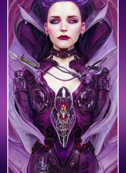 Prompt: close up portrait vampire with purple hair in sci - fi bionic armor, highly detailed, very intricate, art nouveau, red filigree, romantic storybook fantasy, soft cinematic lighting, award - winning, disney concept art watercolor illustration by mandy jurgens and alphonse mucha and alena aenami, pastel color palette, featured on artstation