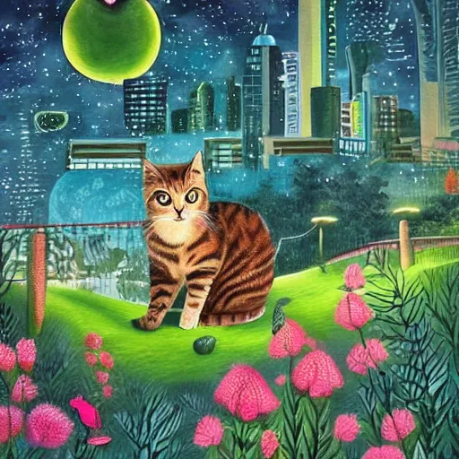 Image similar to cat in a beautiful city of the future in harmony with nature. Beautiful detailed painting by Lurid. (2022)